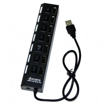 USB-HUB 7-port (7хUSB 2.0, провод неразъемный, кнопки вкл/выкл) черный